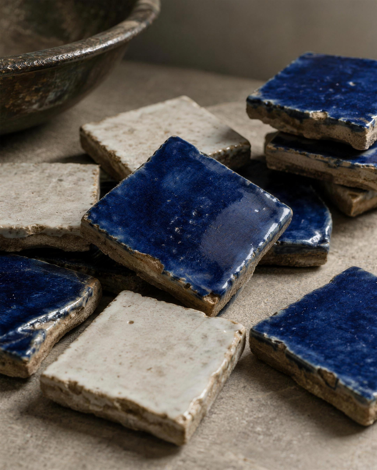 Detail of hand-cut blue and white zellige