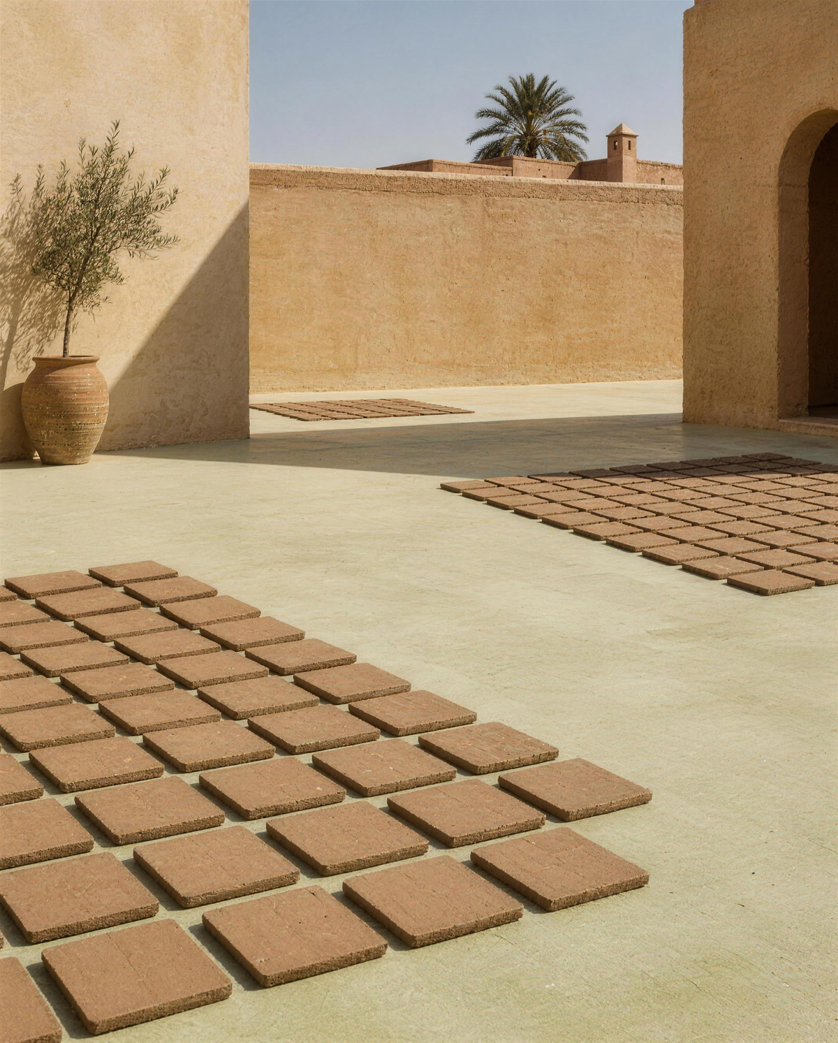 Raw clay tiles drying in the sun