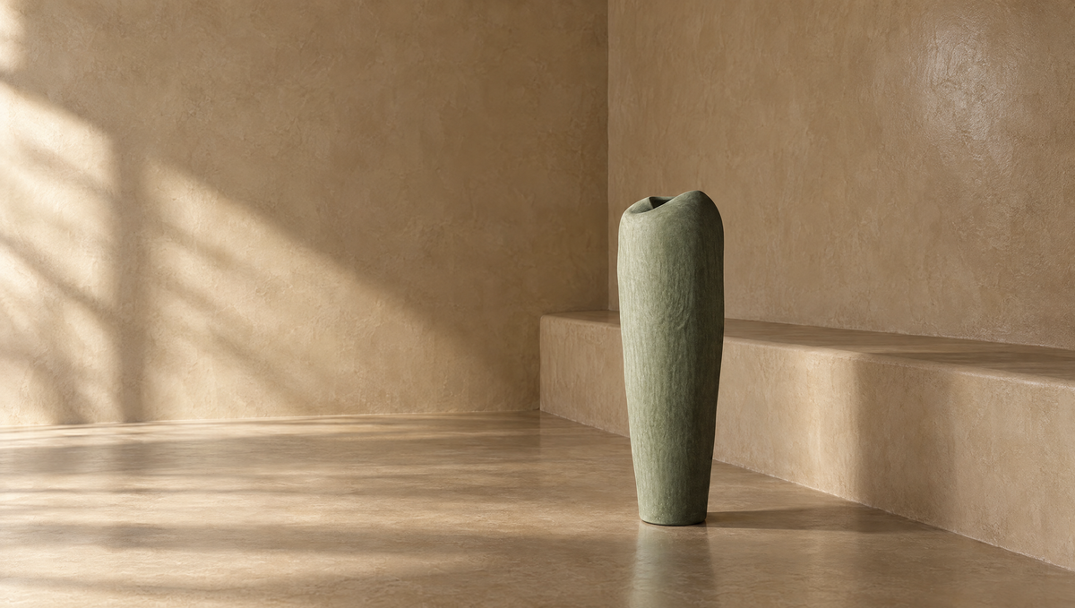Vasija de tadelakt salvia de Casarin en un interior minimalista de tadelakt