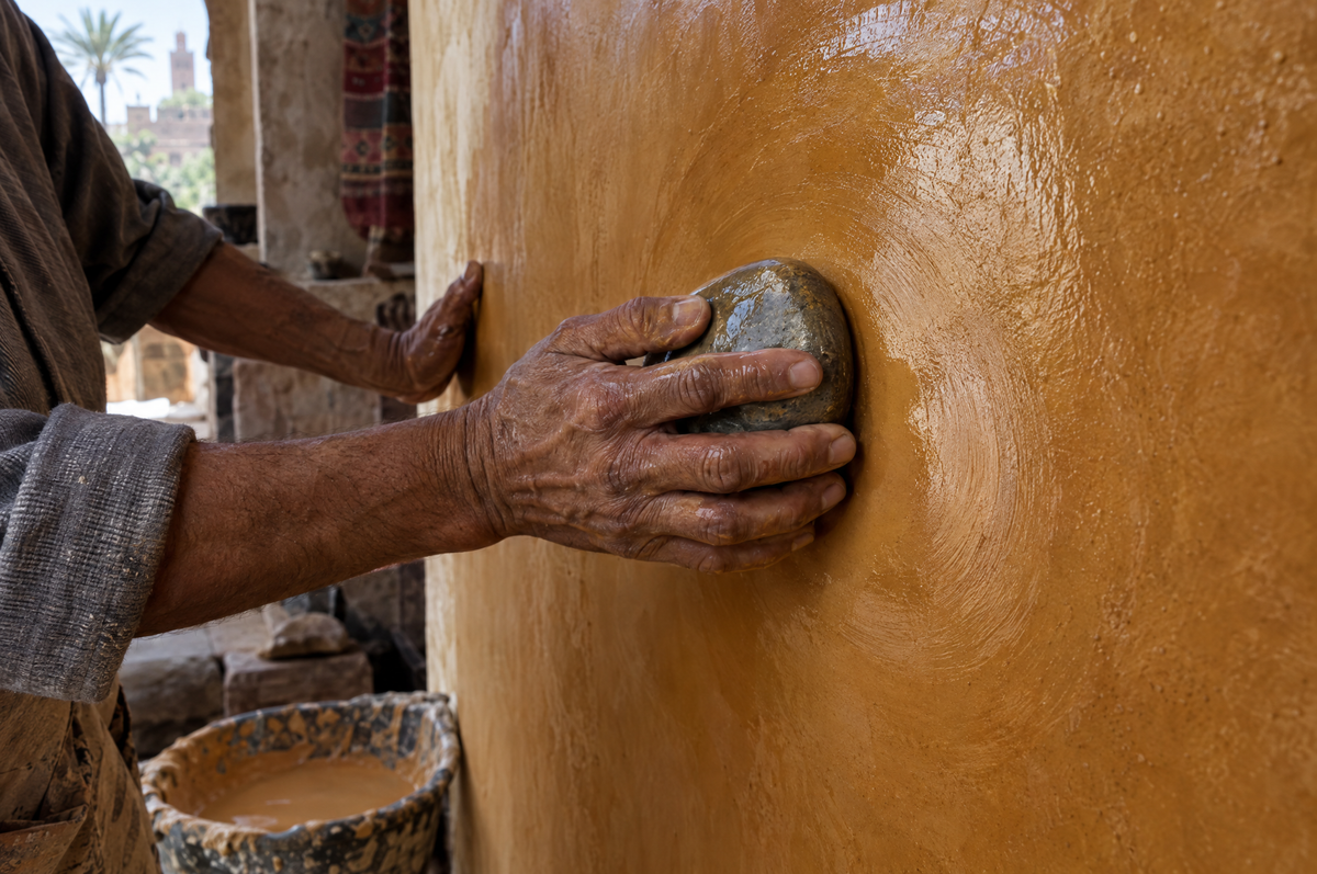 Un artesano puliendo una pared de tadelakt con una piedra lisa de río en Marrakech