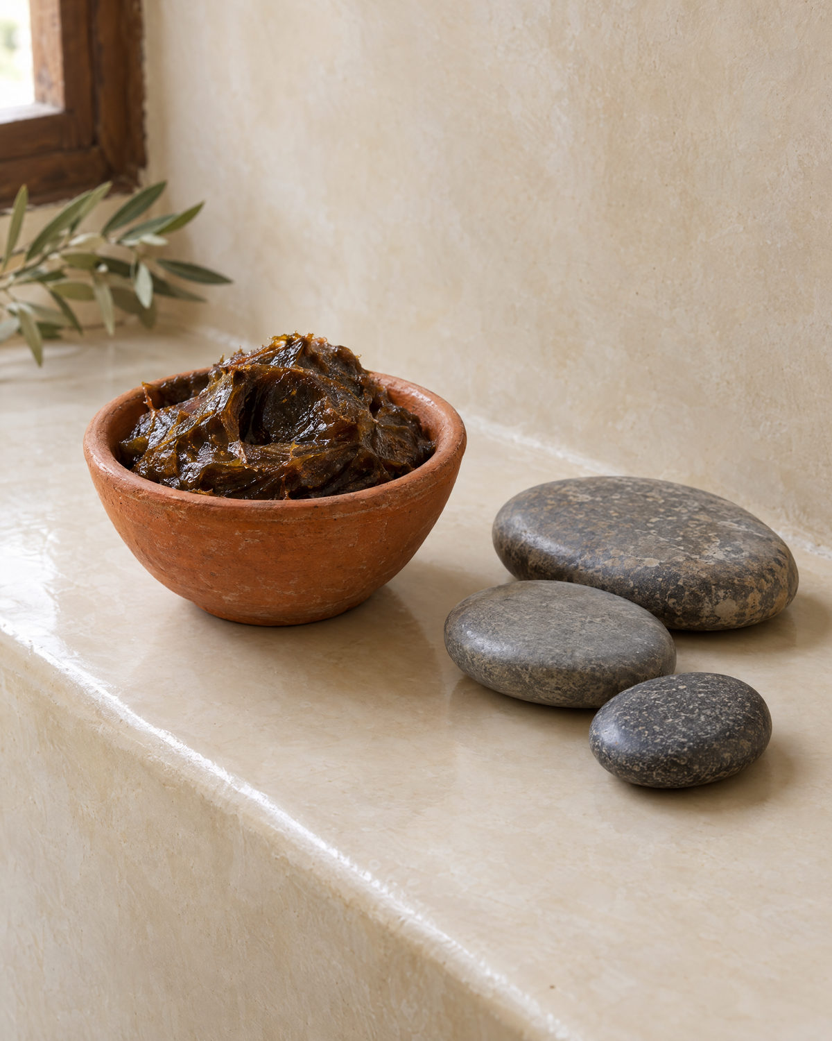 Jabón negro marroquí y piedras de pulir sobre un estante de tadelakt