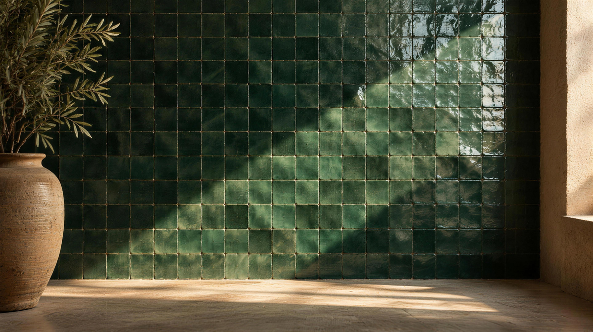 Handmade emerald zellige wall in raking light